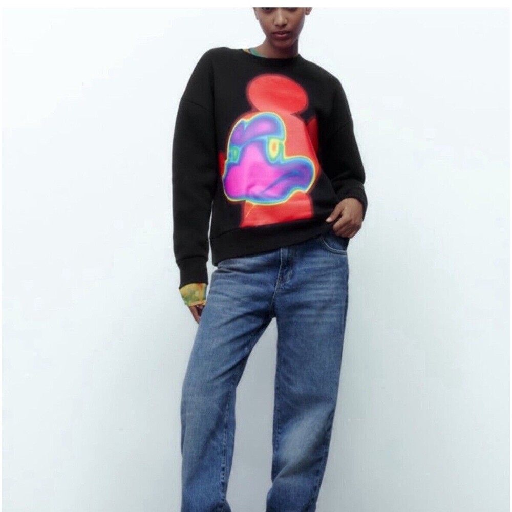 Zara Disney Mickey Mouse Black Multicolored Sweatshirt Size Large NWT